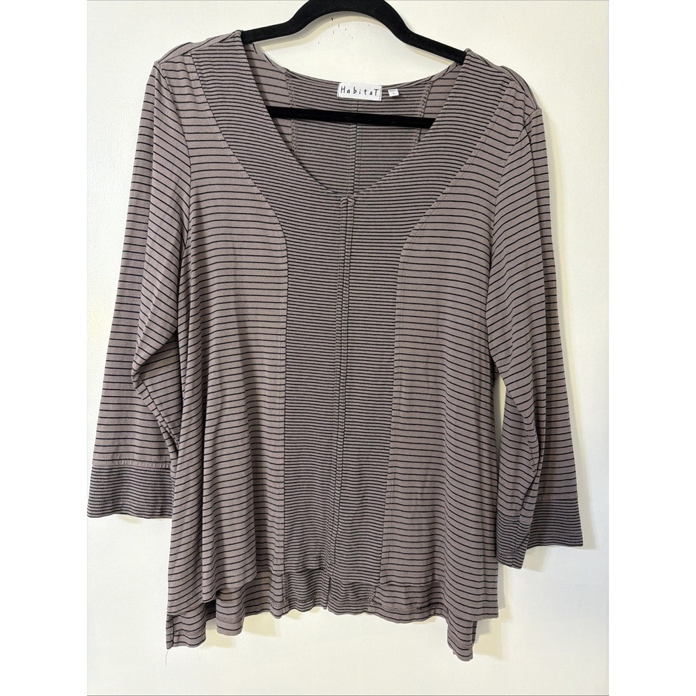 Habitat Clothing Top‎ Sz L Tan Black Stripe Knit Relaxed 3/4 Sleeve Pullover